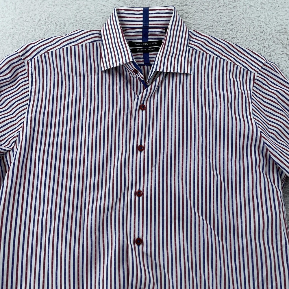 Hammer‎ Made Shirt Mens 39 15.5 Red Blue Stripe Long Sleeve Dress Italian Fabric